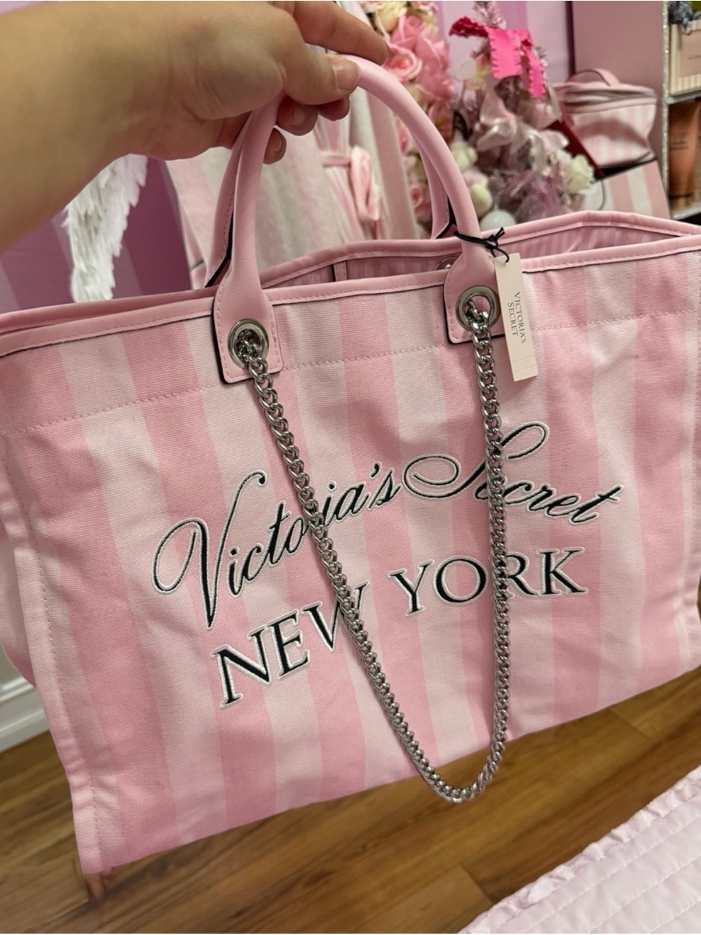 Victoria's Secret Pink Striped Tote with Chain Handles - Picture 2 of 4